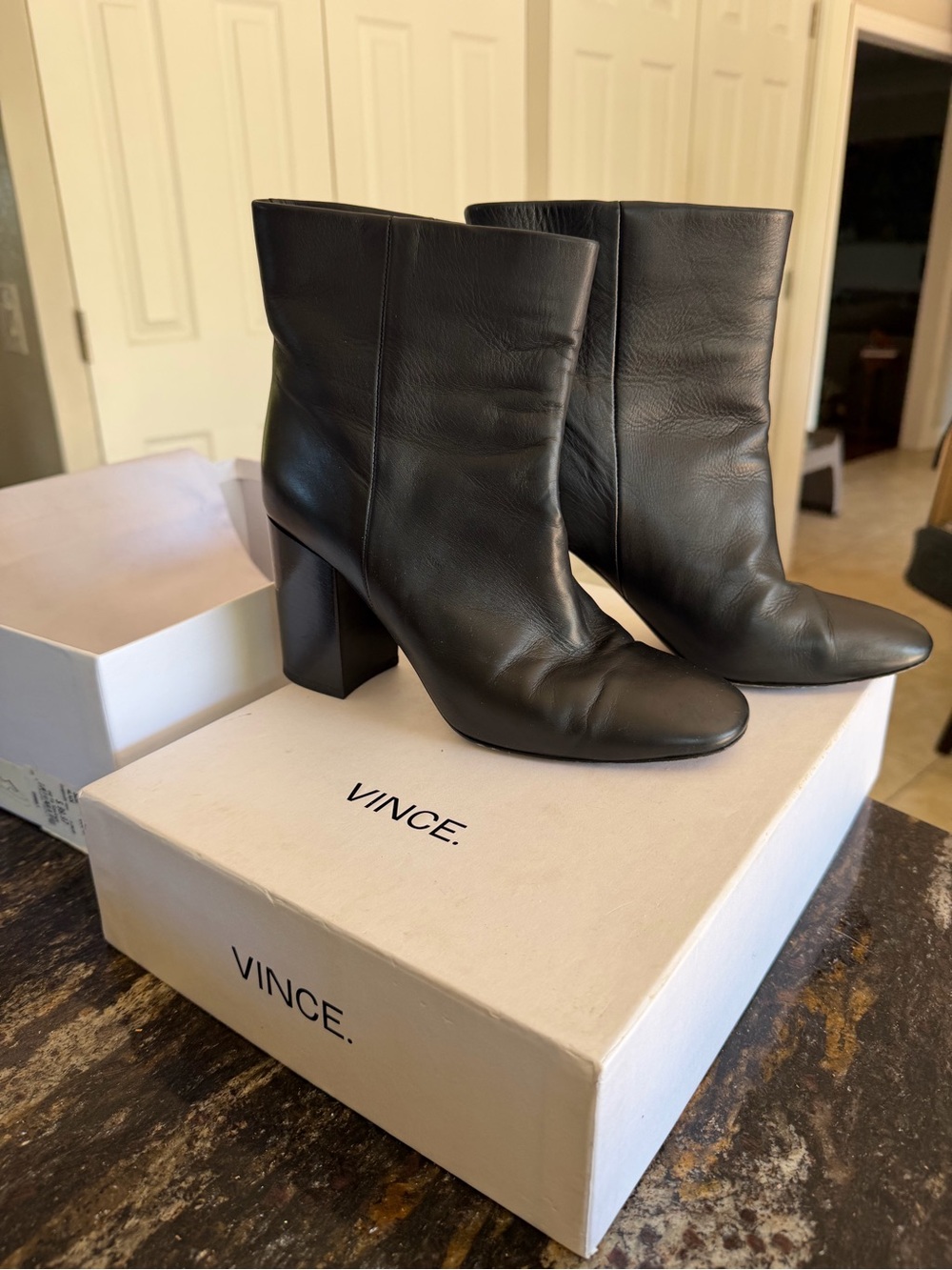Vince Black Leather Mid-Calf Block Heel Booties - Picture 5 of 7